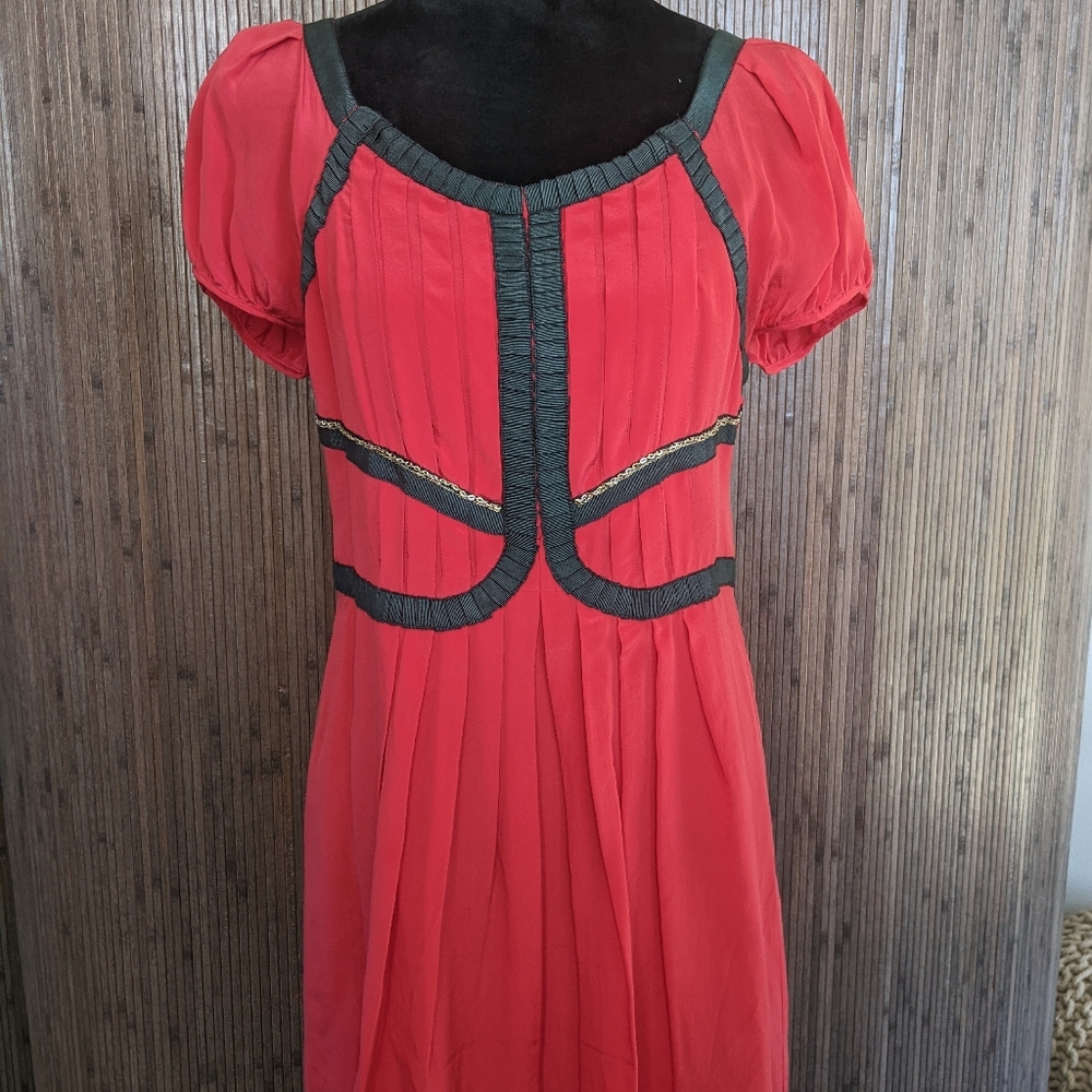 Meemileid Red With Black Grosgrain Trim 100% Silk Dress, Size 6